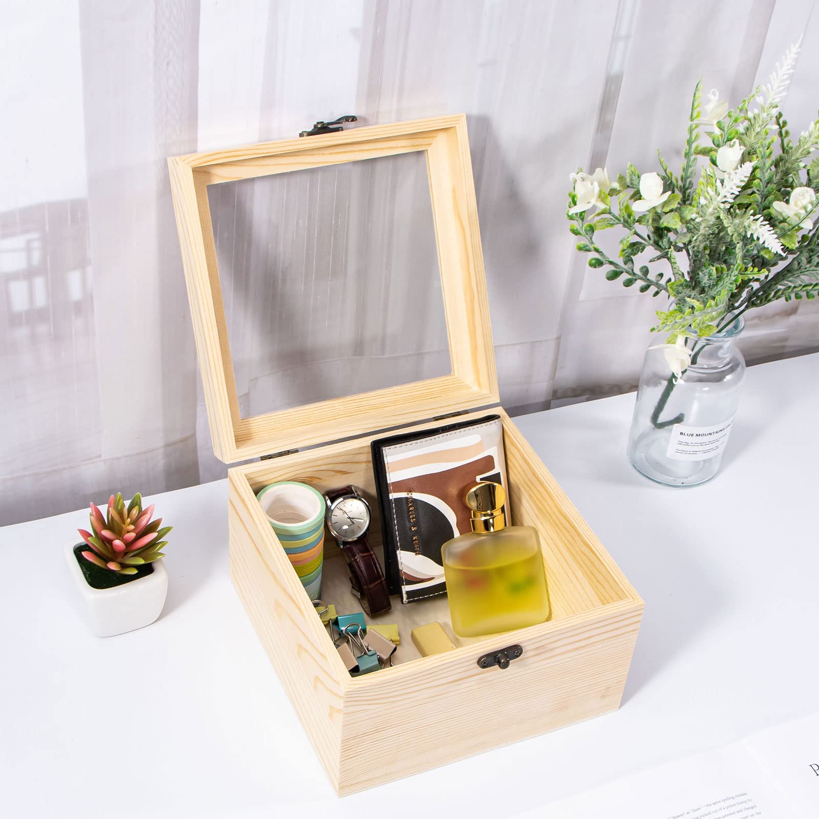 Useekoo Unfinished Wooden Display Box with Glass Top Hinged Lid